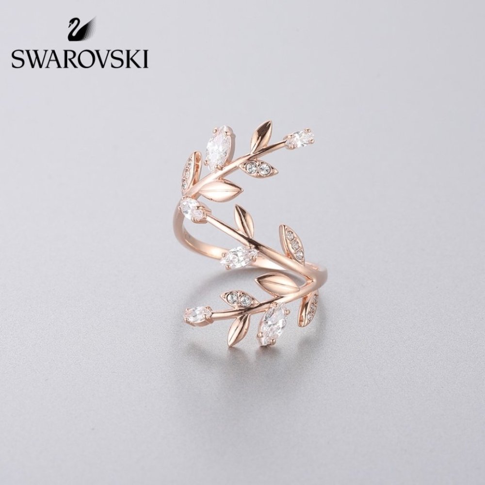 Swarovski Mayfly crystal leaves on vine rose gold toned plated ring size 6